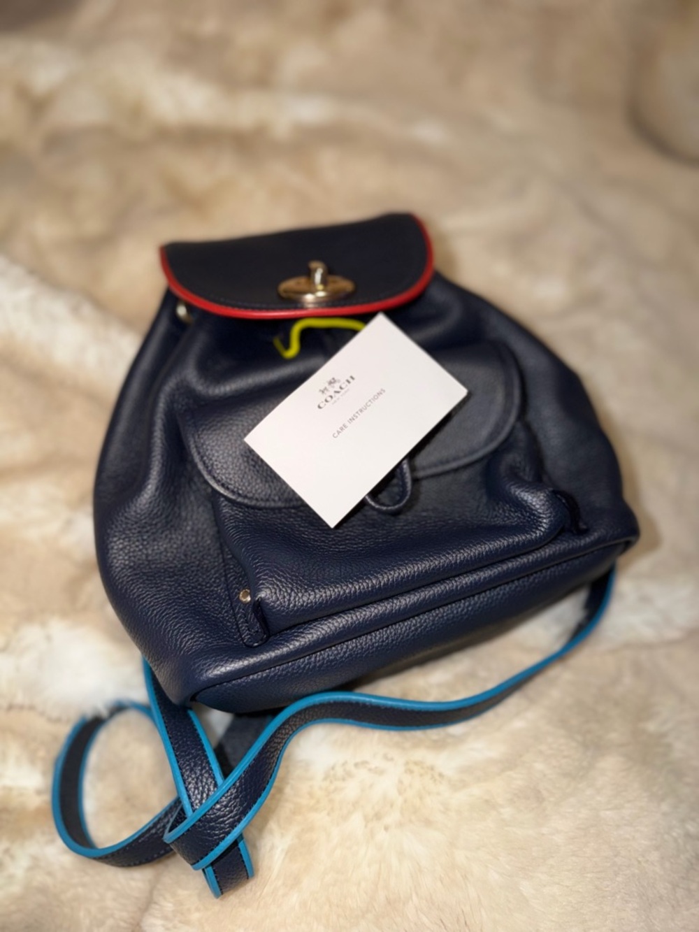 Navy Leather Mini Backpack with Red Trim - Picture 2 of 6